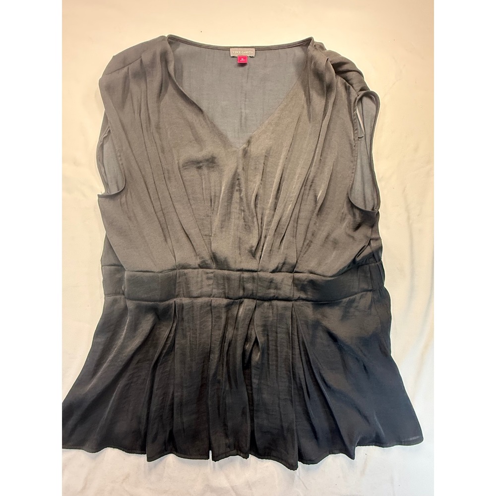 Vince Camuto Womens XL Dark Grey Pleated V-Neck Sleeveless Peplum Blouse Top